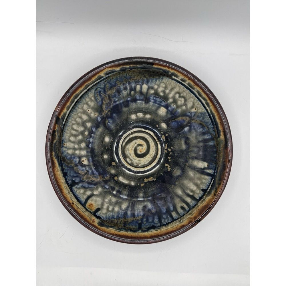 Handcrafted Studio Art Pottery Bowl  10"x1.75" Bowl Blue Brown Swirl  Boho Decor